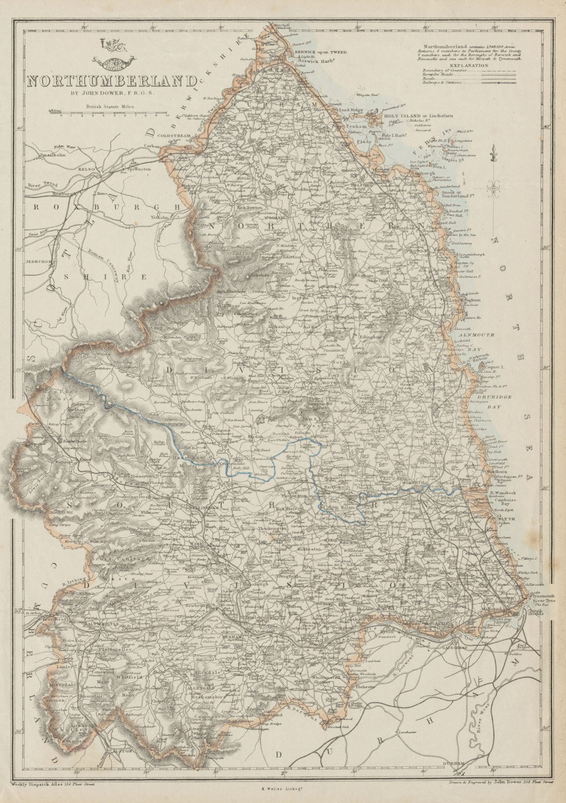 NORTHUMBERLAND. County map. Railways Cheviot Hills Farne Islands.DOWER 1862